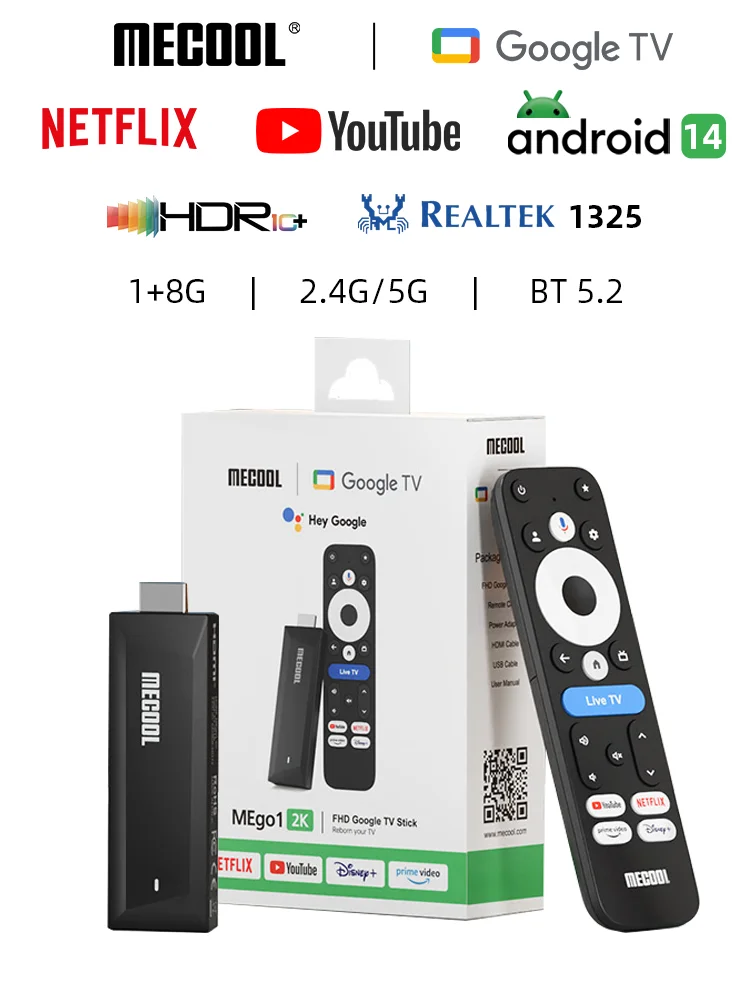 MECOOL Android TV Stick MEgo 1 2K Android 14 Google TV OS Netflix Chromecast TV 1+8G WIFI 2,4G/5G HDR10+ TV Box Vs Fire TV Stic Image