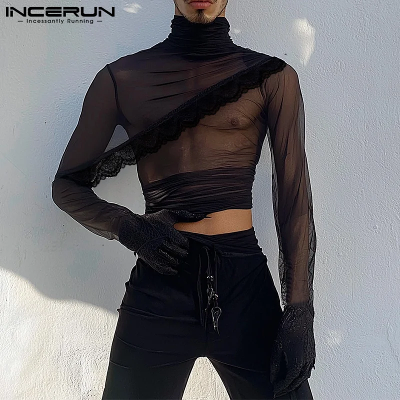 INCERUN Männer T-shirt Spitze Patchwork Mesh Durchsichtig Sexy Plissee Sexy Männer Kleidung 2025, Unregelmäßige T Tops Männer S-5XL Crop Tops