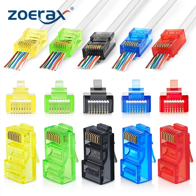 ZoeRax RJ45 Cat6 Pass Durch Anschlüsse, Verschiedene Farben, EZ zu Crimp Modulare Stecker für Feste oder Gestrandet UTP Netzwerk Kabel Image