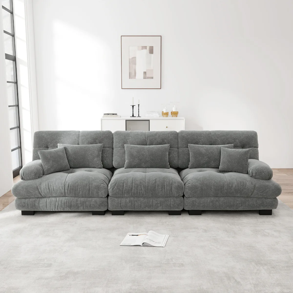 3-Sitzer Modulares Ecksofa, Graues Chenille-Schlafsofa, Tief Gepolsterter Sitz für Wohnzimmer/Apartment/Studio/Büro Image