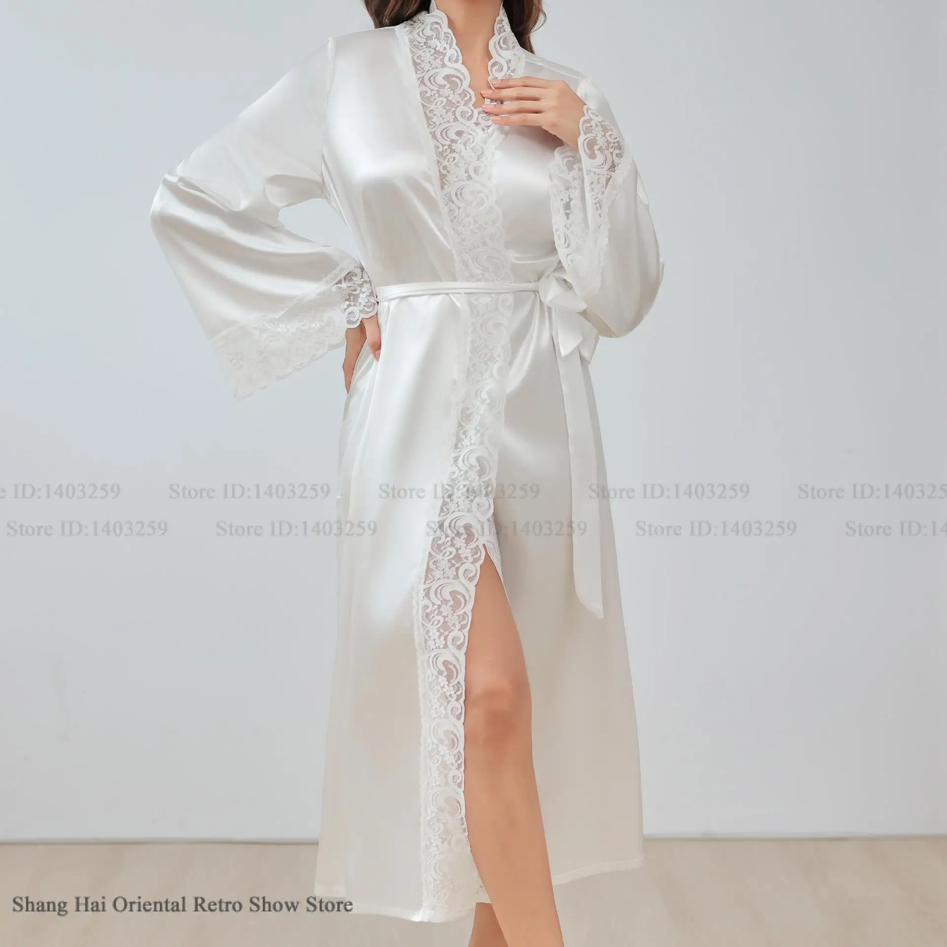 Weiße Spitze Braut Hochzeit Robe Kleid Negligé Seidiges Satin Kimono Kleid Lounge Wear Sexy Langer Bademantel Nachthemd Lose Homewear Image