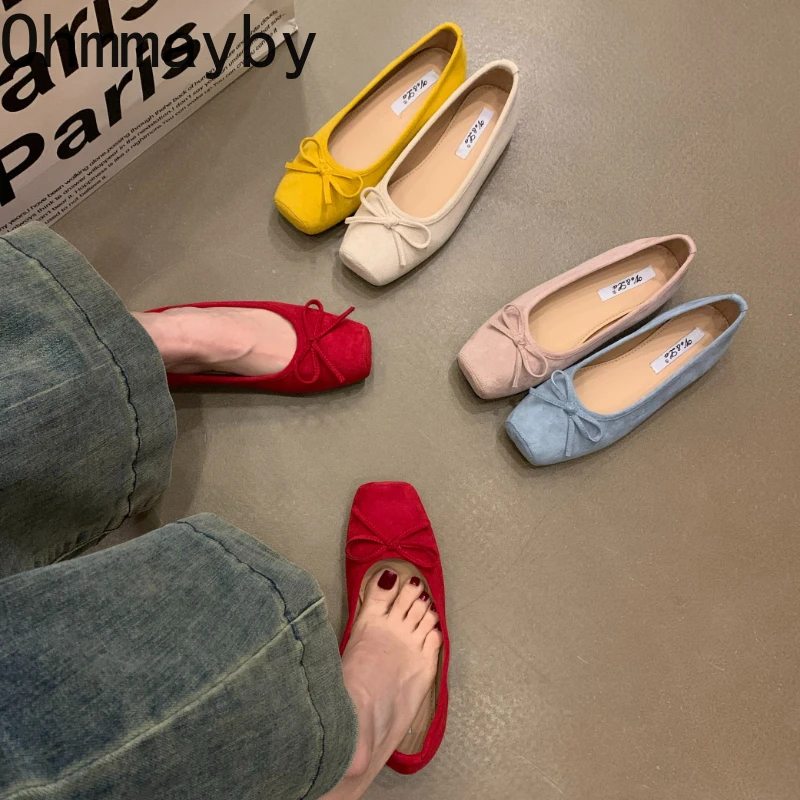 Designer Ballerinas mit Schmetterlingsknoten und eckiger Zehenpartie für Damen – Slip-on Mary Jane Schuhe für den Frühling 2026 – Schlichte Damenschuhe