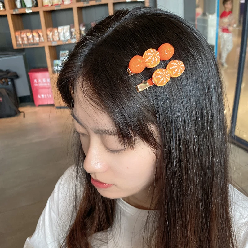 2er-Set niedliche halbgeschälte Orangen-Haarspangen, seitliche Entenschnabel-Clips für Mädchen, japanisches Frucht-Design, Net-Red-Haaraccessoires Image