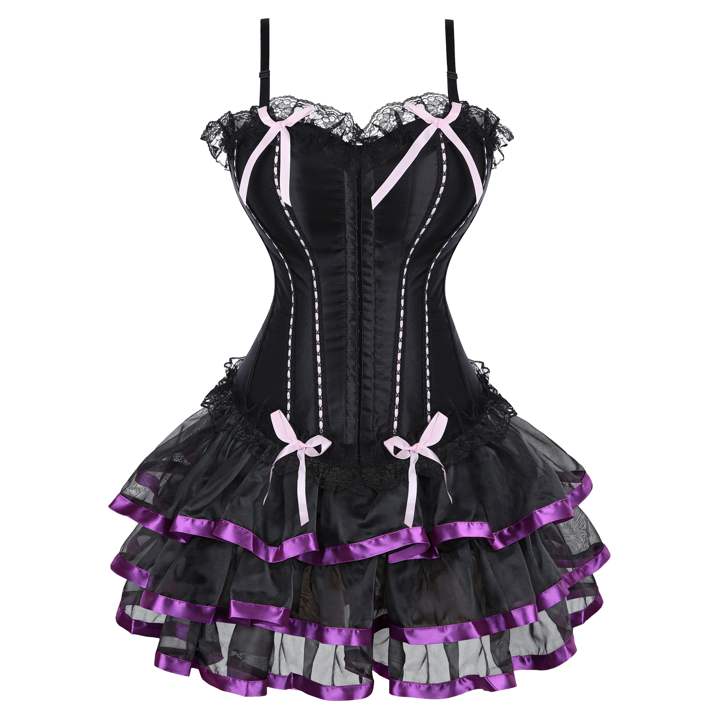  Korsettkleid für Damen, Überbrustkorsetts, Bustier, Gothic-Korsett mit Trägern, Schwarz, Burlesque-Kostüm