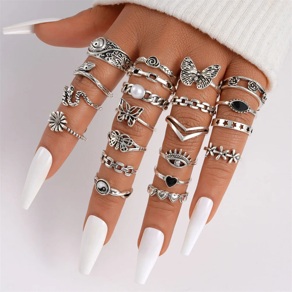 21 teile/satz Punk Gothic Schmetterling Schlange Herz Ringe Set Für Frauen Männer Vintage Silber Überzogene Geometrische Finger Ringe Partei Schmuck Image