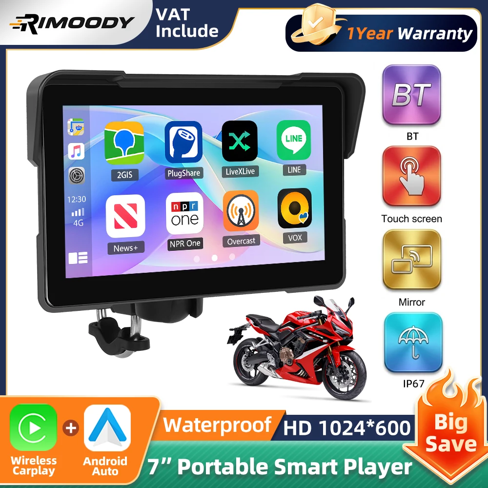 Hikity 7 Zoll Carplay Motorrad-Navigationssystem GPS Moto Monitor Android Auto IP67 Wasserdicht Bluetooth EQ TF Tragbarer Smart Player Image