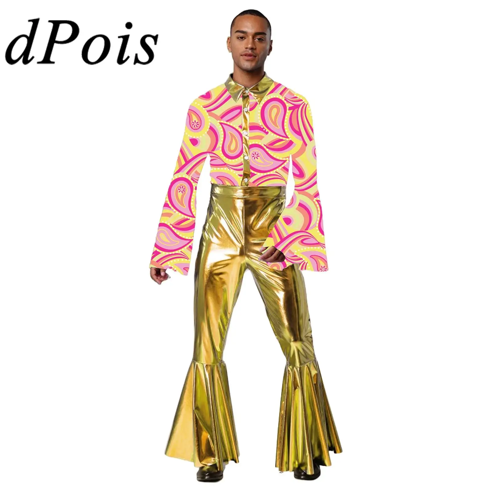 Männer 70er Jahre Retro Shiny Hippie Kostüm Disco Overall Holographische Flares Quaste Hosen Club Metallic Strampler Halloween Cosplay Kostüm