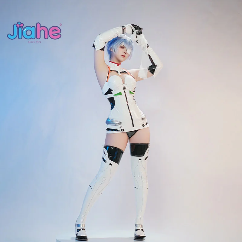 Ayanami Rei Cosplay-Kostüm, Anime EVA, sexy weißer Leder-Jumpsuit für Damen, Schulterpanzer-Requisite, Perücke, Halloween-Karnevals-Uniform