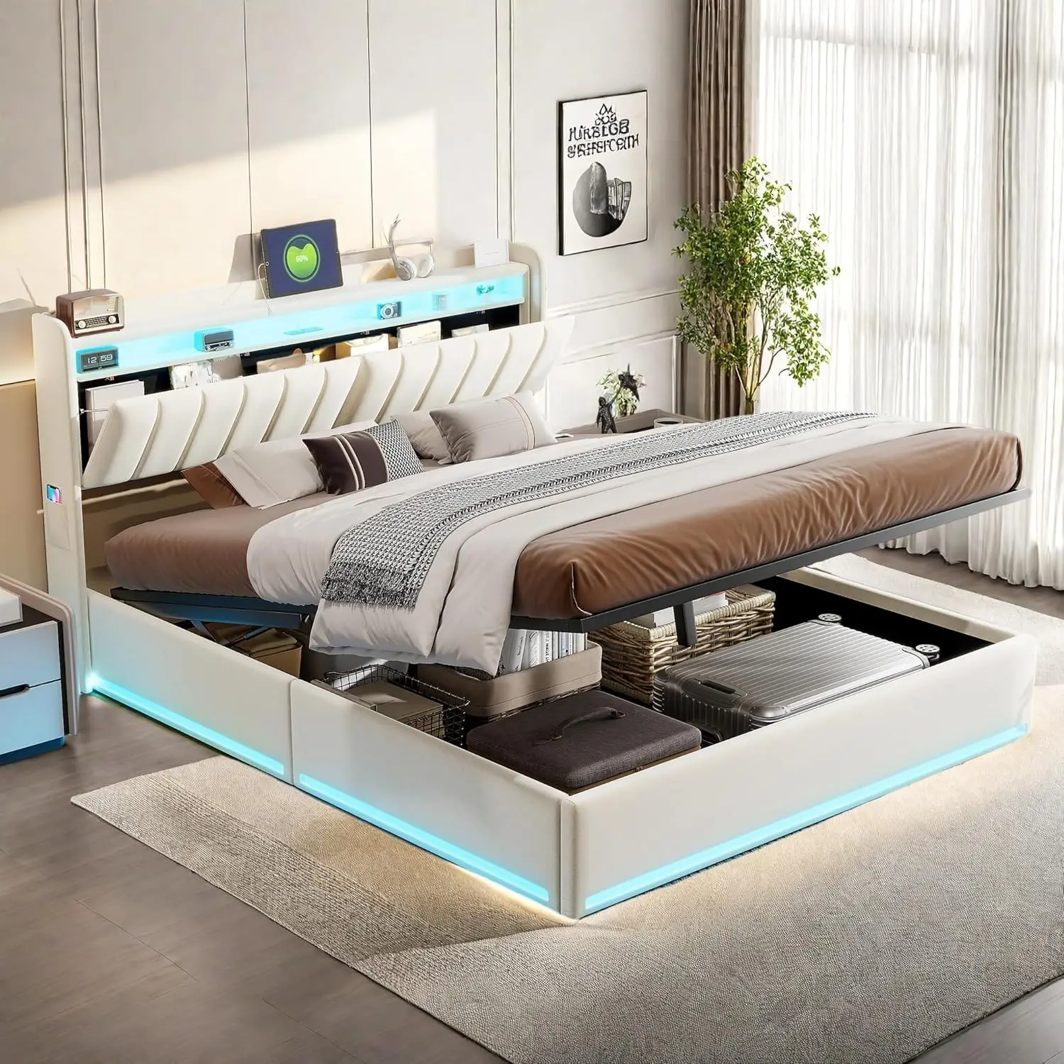 Rosahqnda Polsterbett mit LED-Kopfteil, Doppelbett mit USB und Lattenrost, hydraulischem Stauraum und Metallrahmen, Samt Image