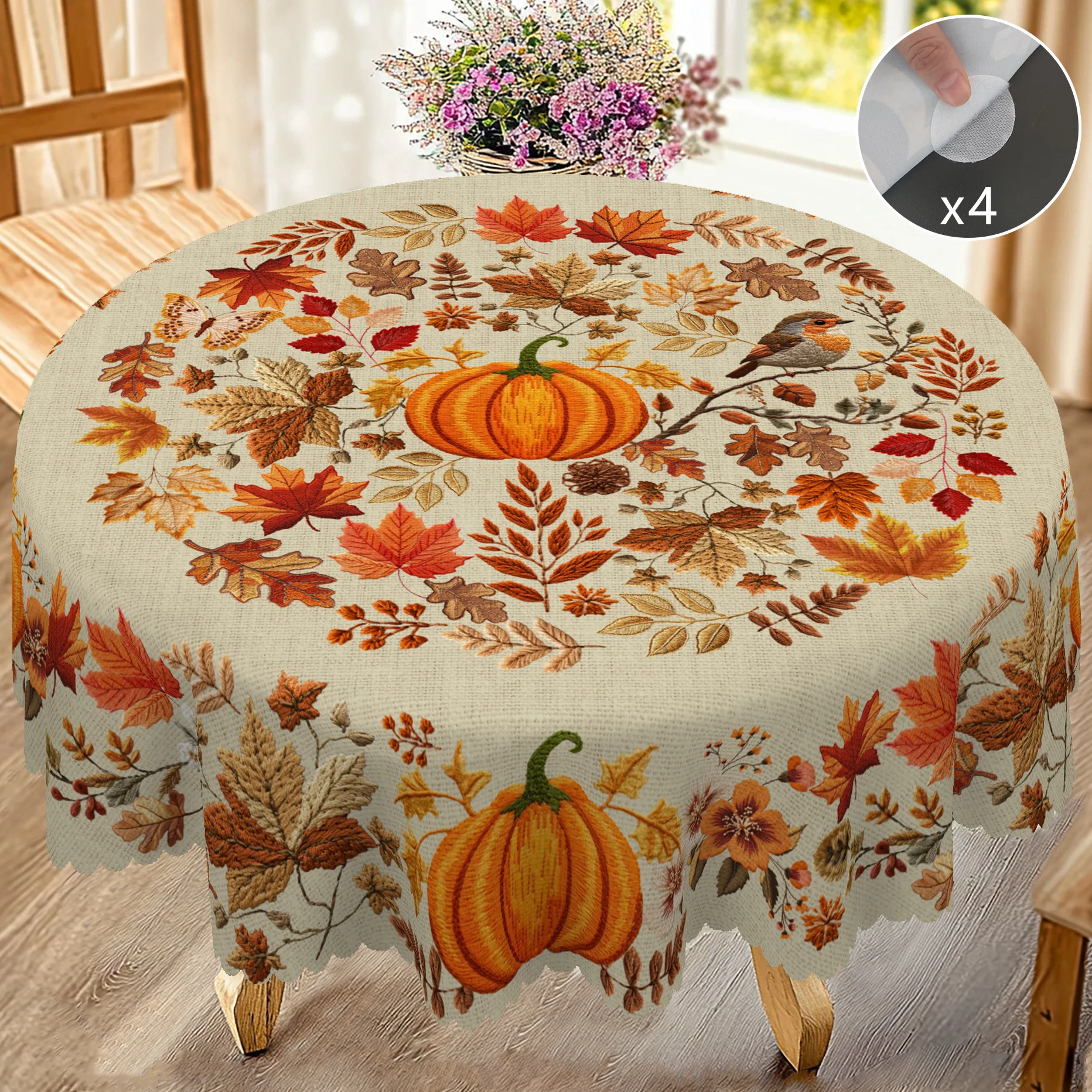 1-teilige, runde/rechteckige Polyester-Tischdecke, Herbst-Tischdecke mit Erntedankfest, Kürbis-Schmetterlings-Ahornblatt-Muster-Design, geprägte Kanten, geeignet für Zuhause, Küche, Wohnzimmer, Image