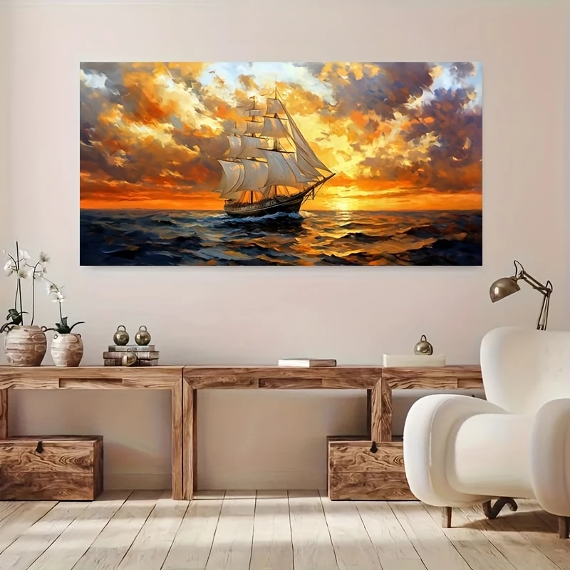 Sonnenuntergang, Segelboote auf dem Meer, Poster und Druck, schöne Meereslandschaft, Leinwandgemälde, Wandkunst, Bild für Wohnzimmer, Heimdekoration