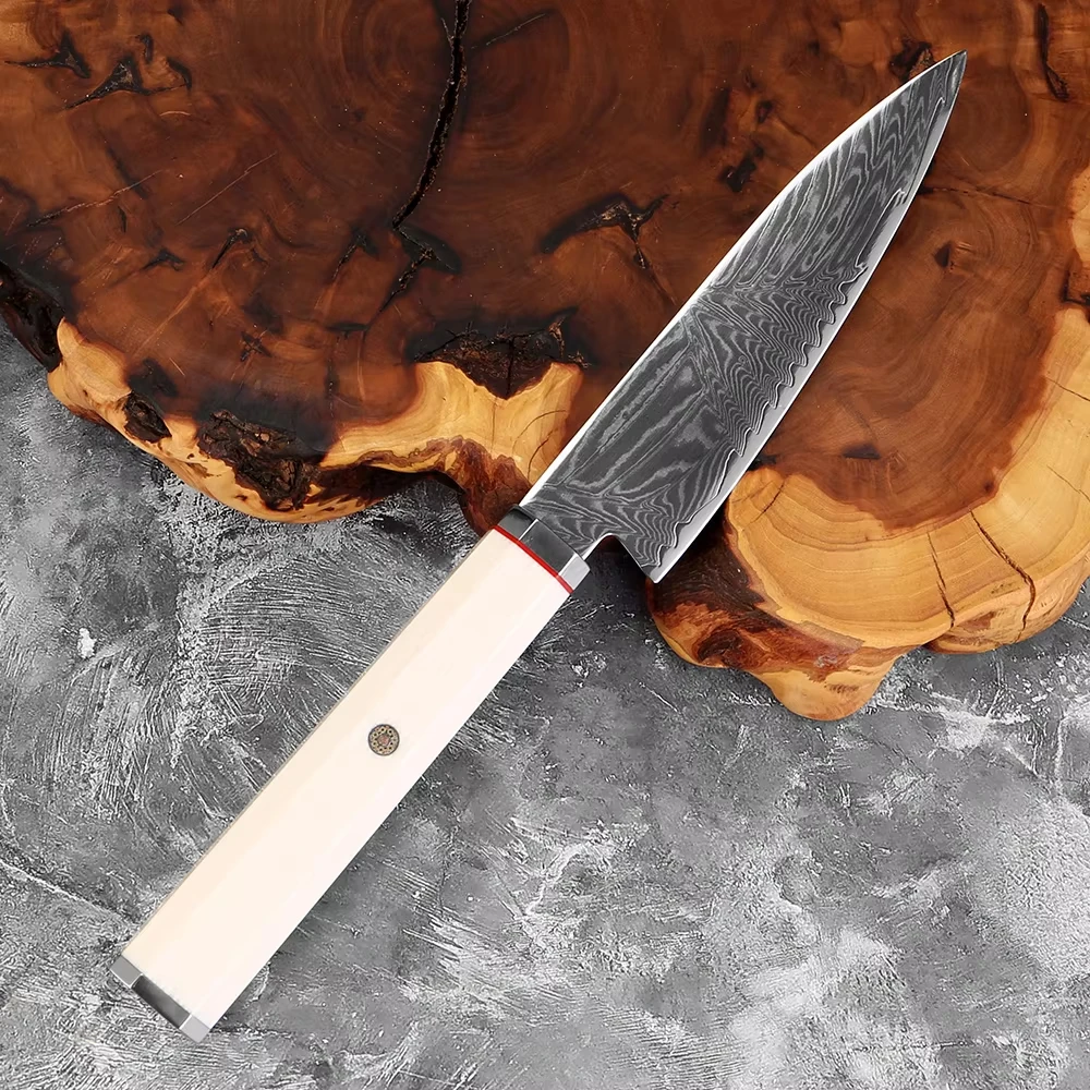 Premium Japanisches 67-Lagen Geschmiedetes Damaszener Stahl 5-Zoll Allzweckmesser Küchenmesser Obstschäler mit Elfenbein-Imitat Ergonomischer Griff Image