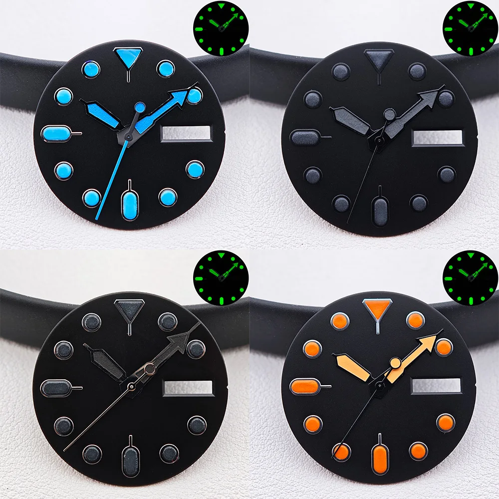 28,5 mm Zifferblatt Dual-Kalenderuhr grün/schwarz 28,5 mm Zifferblatt grün leuchtende Zeiger passend für NH36-Uhrwerkszubehör Neue Uhrzeiger Image