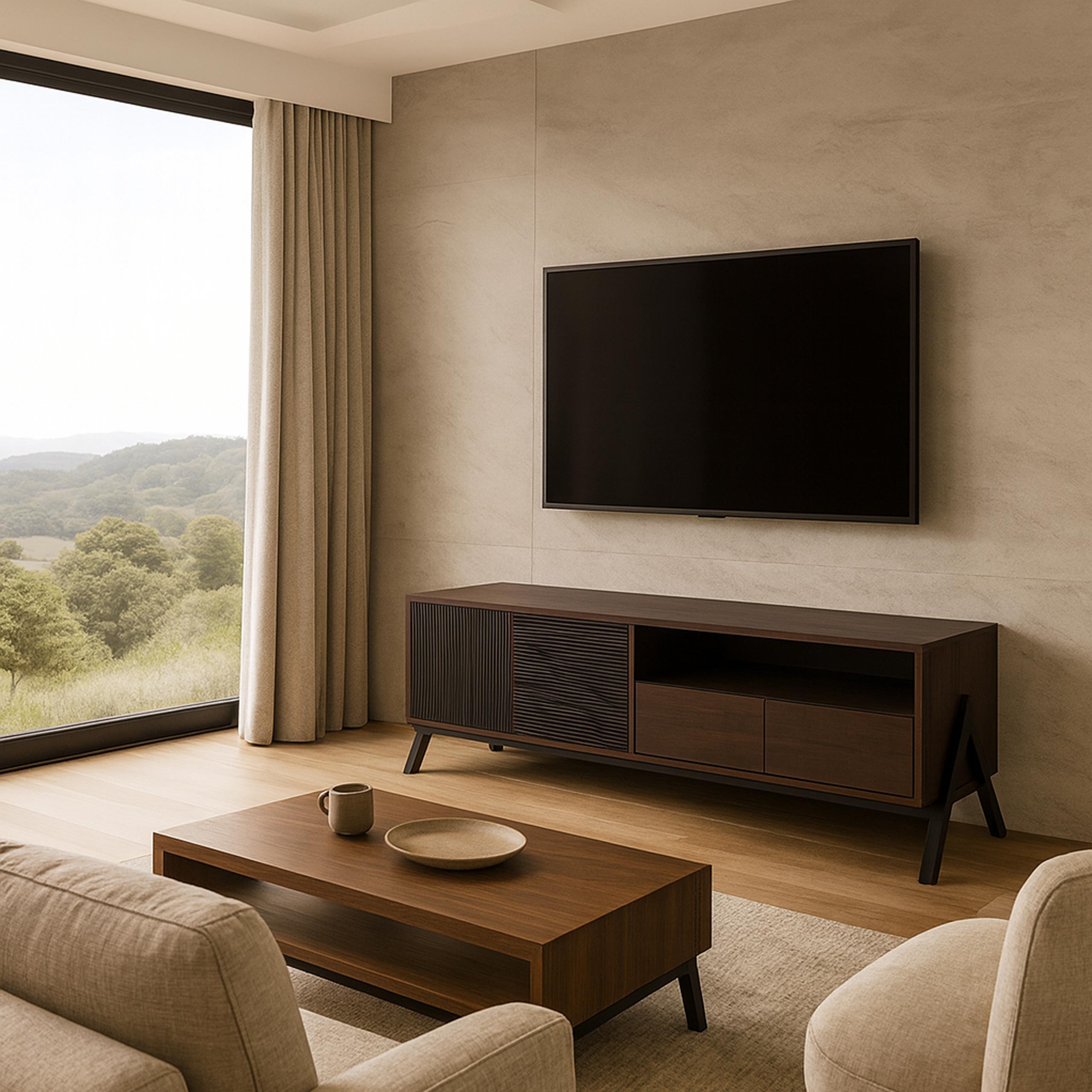 TV-Rack HWC-O40, Lowboard TV-Schrank 2 Schubladen Türen Staufächer, MDF Metall Melamin 48x155x40cm ~ Walnuss-Optik