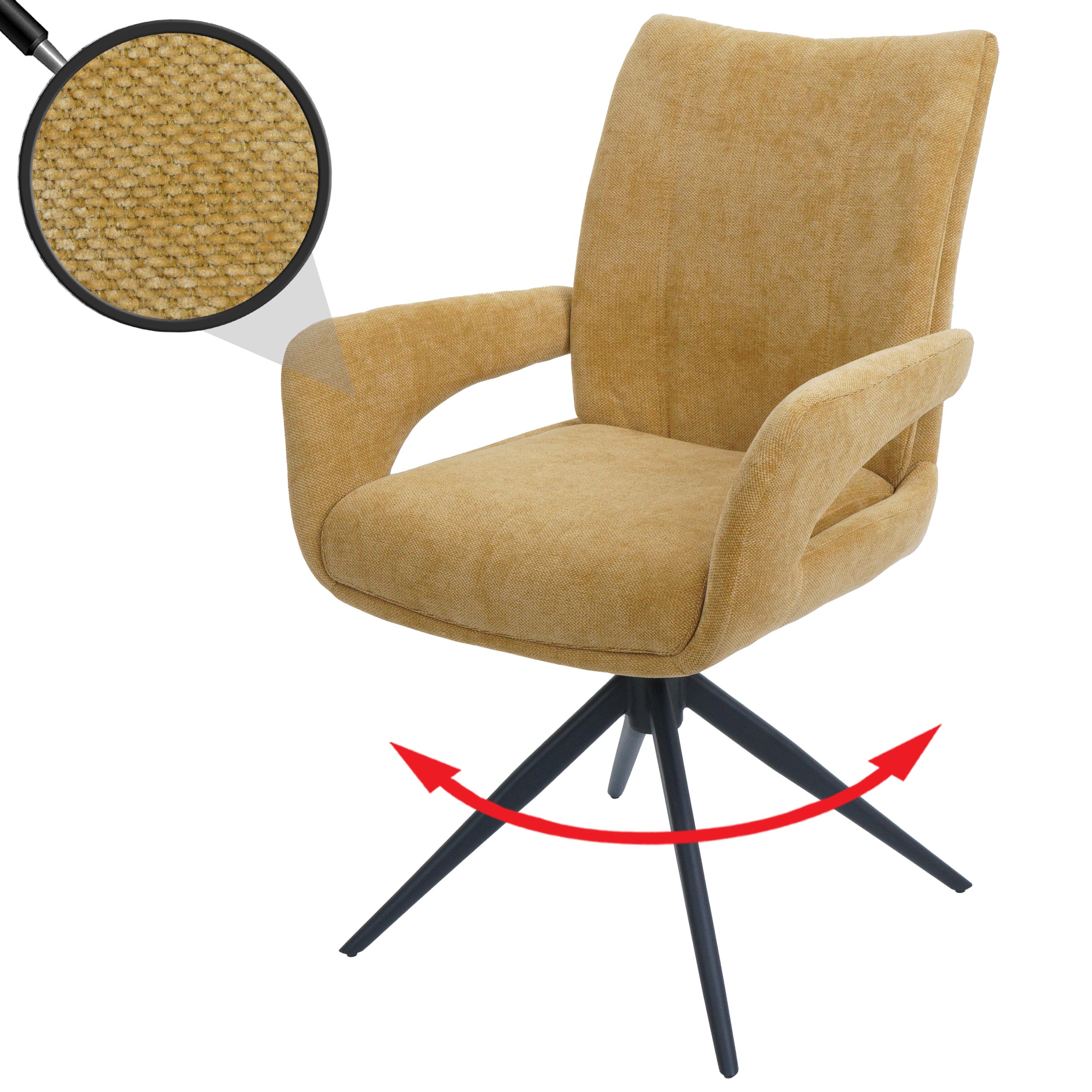 Esszimmerstuhl HWC-O78, Küchenstuhl Stuhl, drehbar Auto-Return, Stoff/Textil Chenille (310g/m²) ~ senfgelb