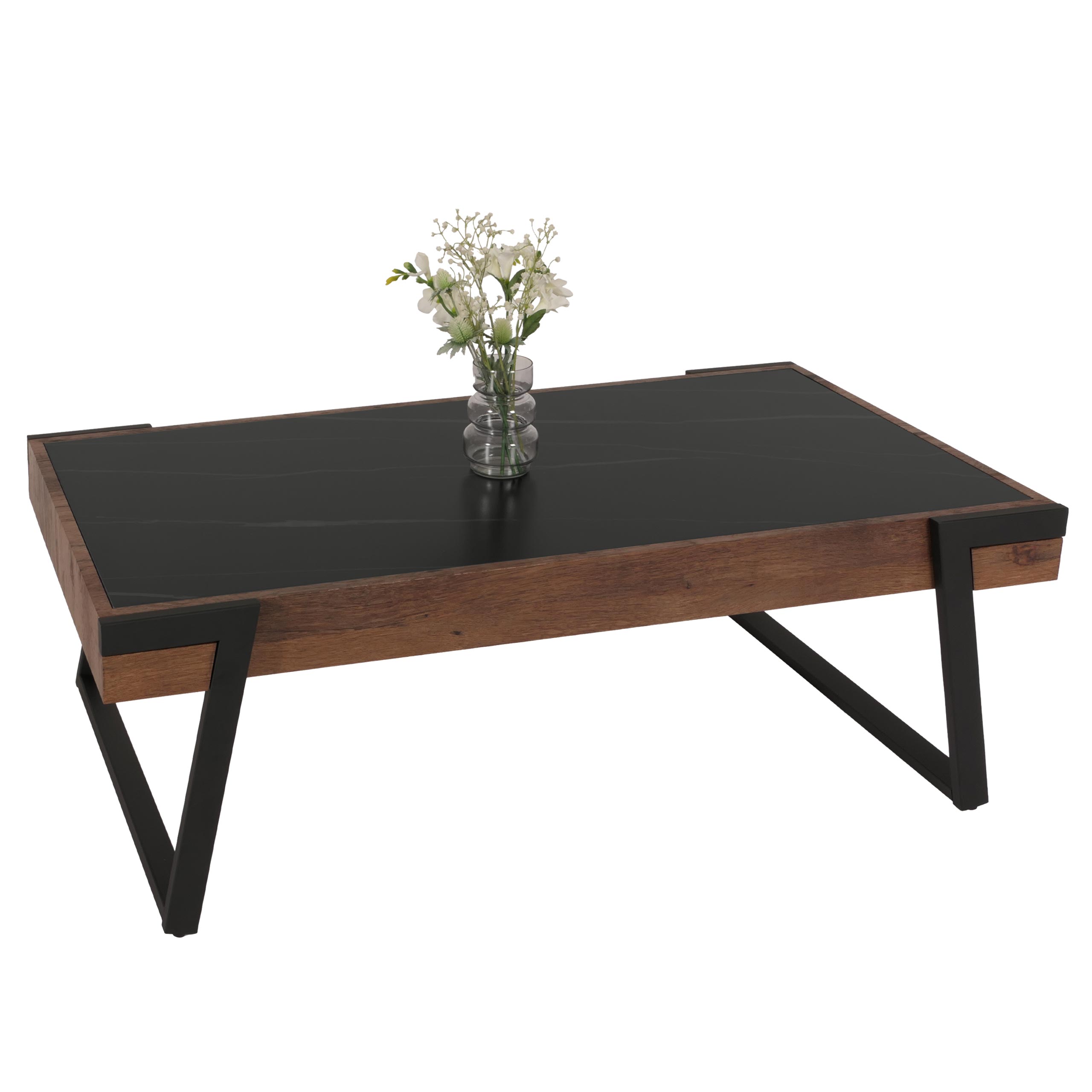 Couchtisch HWC-L89, Sofatisch Wohnzimmertisch, Eisen 43x120x64cm Sinterstein Marmor-Optik schwarz Holz dunkelbraun Image