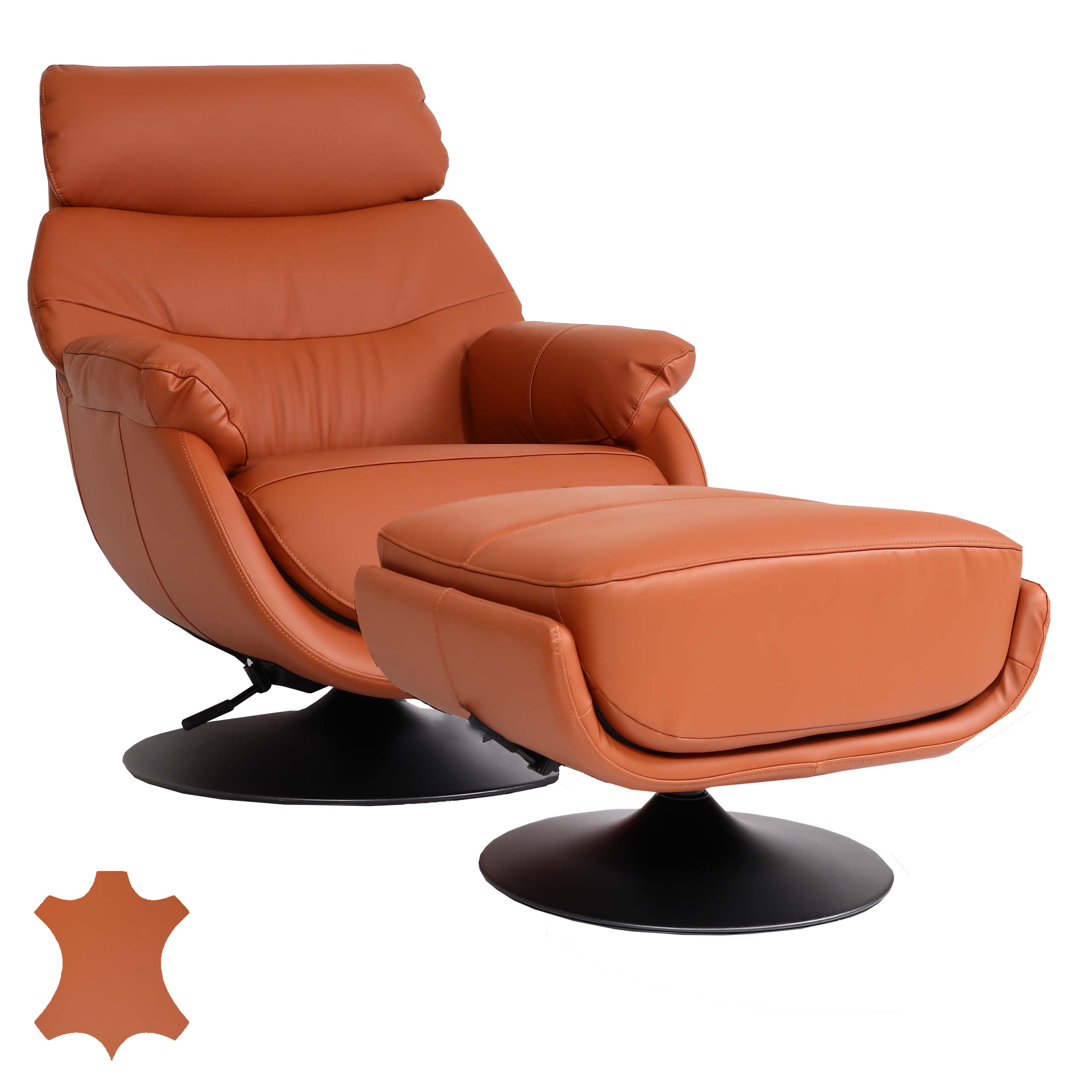 Relaxsessel mit Hocker HWC-K99, Fernsehsessel Sessel, Wippfunktion drehbar, Metall Echtleder/Kunstleder ~ braun Image