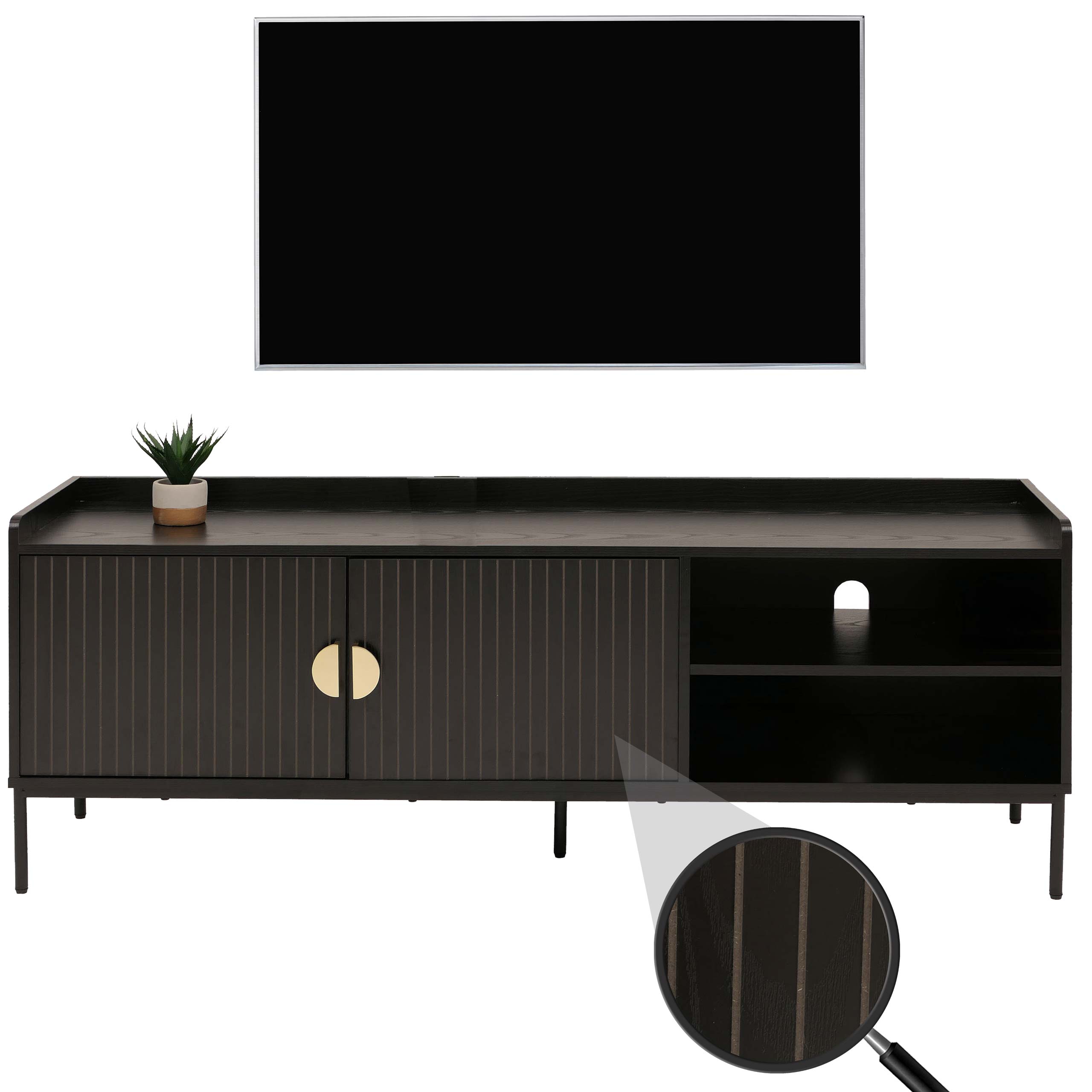TV-Rack HWC-O39, TV-Board Fernsehtisch Lowboard TV-Schrank Kommode, Melamin MDF 56x150x40cm ~ Holzoptik schwarz Image