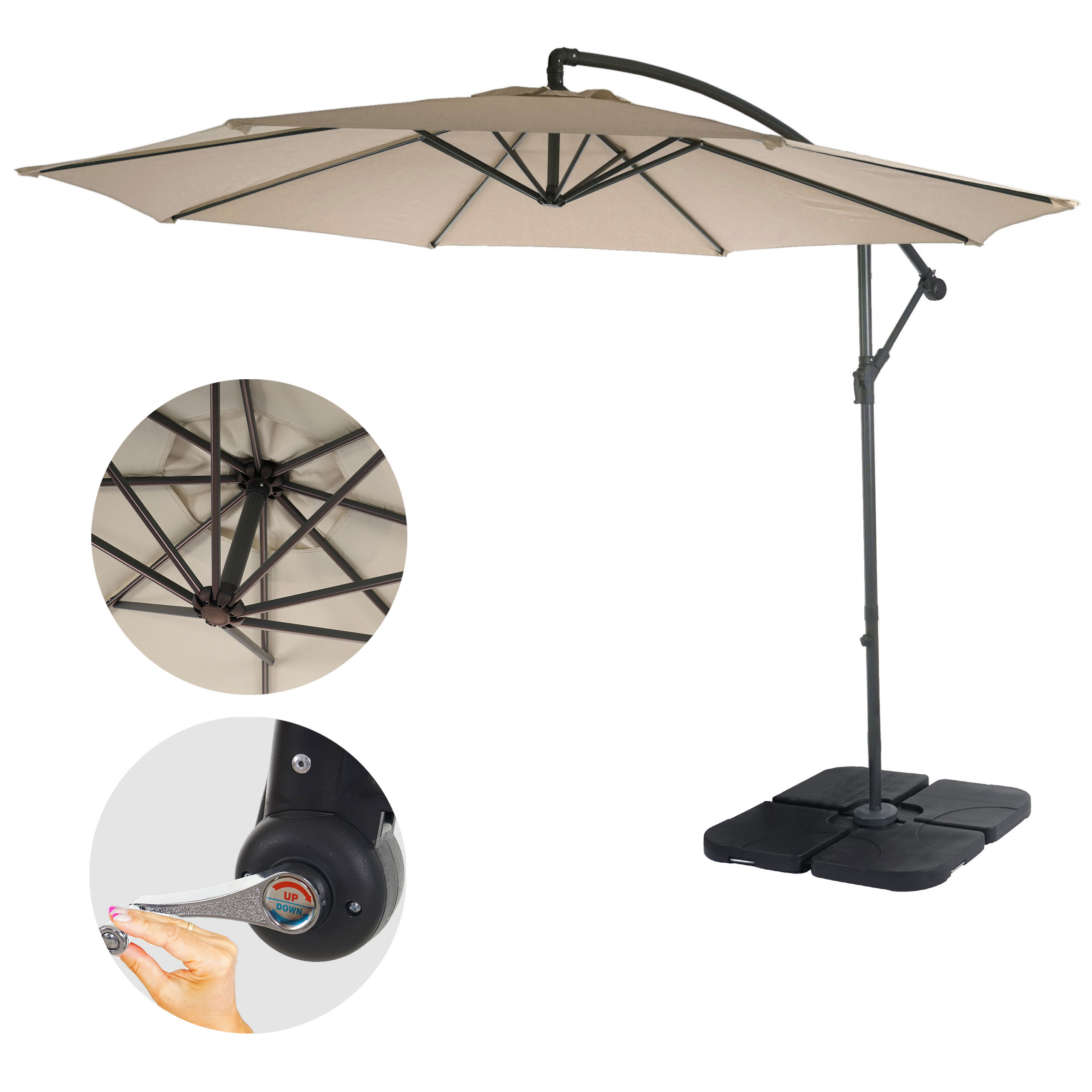 Ampelschirm Acerra, Sonnenschirm Sonnenschutz, Ø 3m neigbar, Polyester/Stahl 11kg ~ sand-beige mit Ständer Image