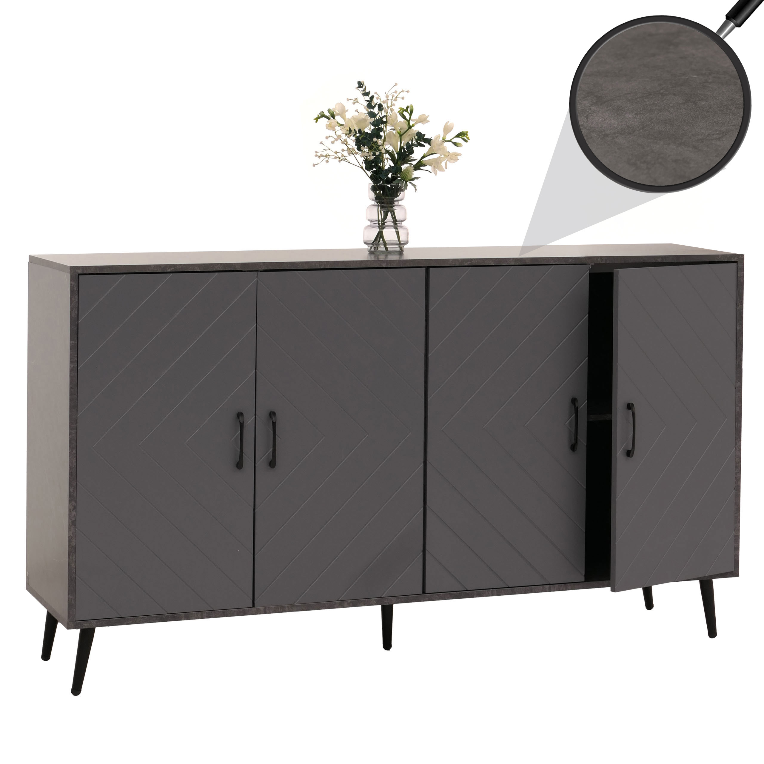 Sideboard HWC-N89, Kommode Schrank Highboard Anrichte, Fischgrätenmuster Melamin Holz, 88x150x40cm ~ Marmor-Optik grau