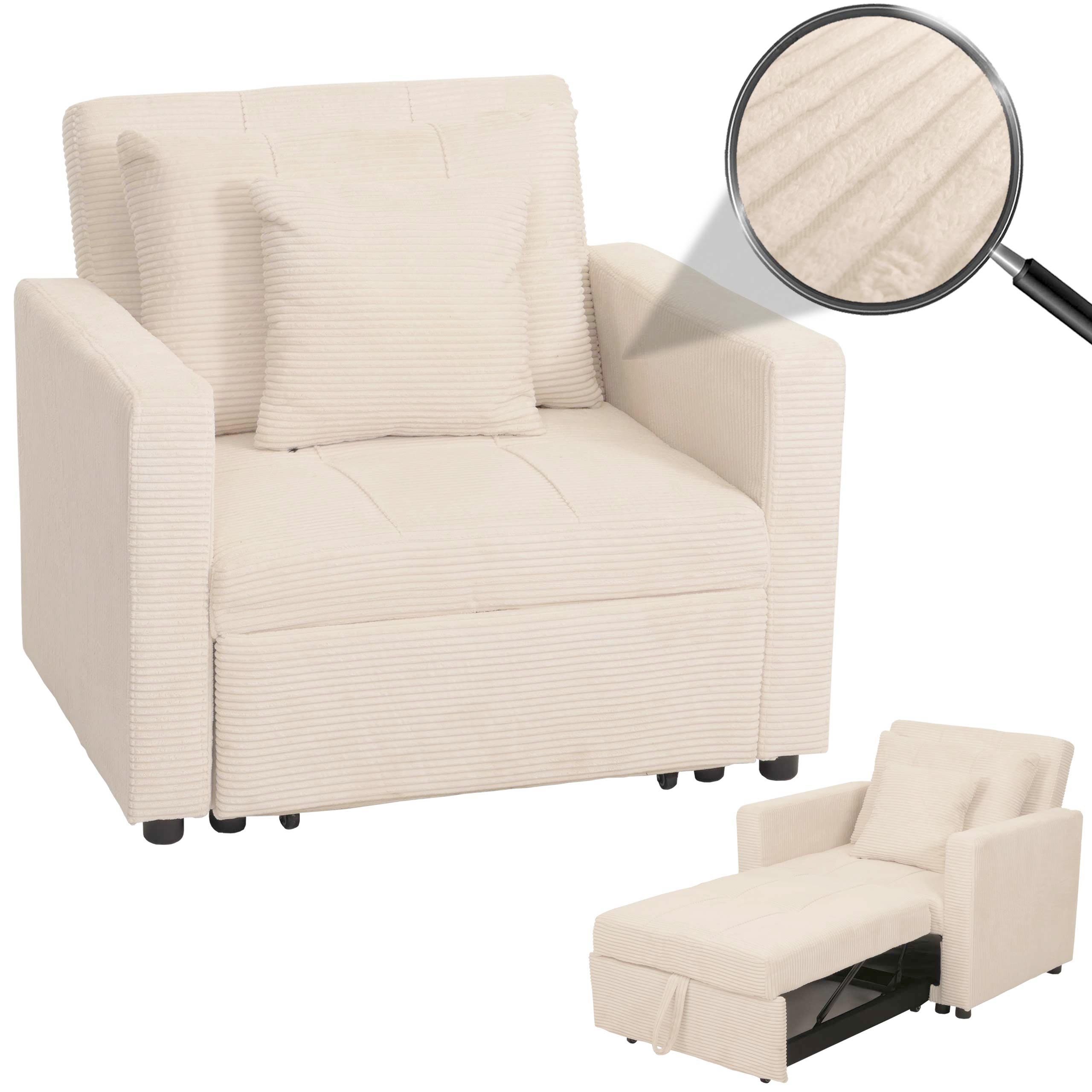 Schlafsessel HWC-L90, Klappsessel Gästebett Relaxsessel, Liegefläche 200x100cm Stoff/Textil Cord ~ creme-weiß