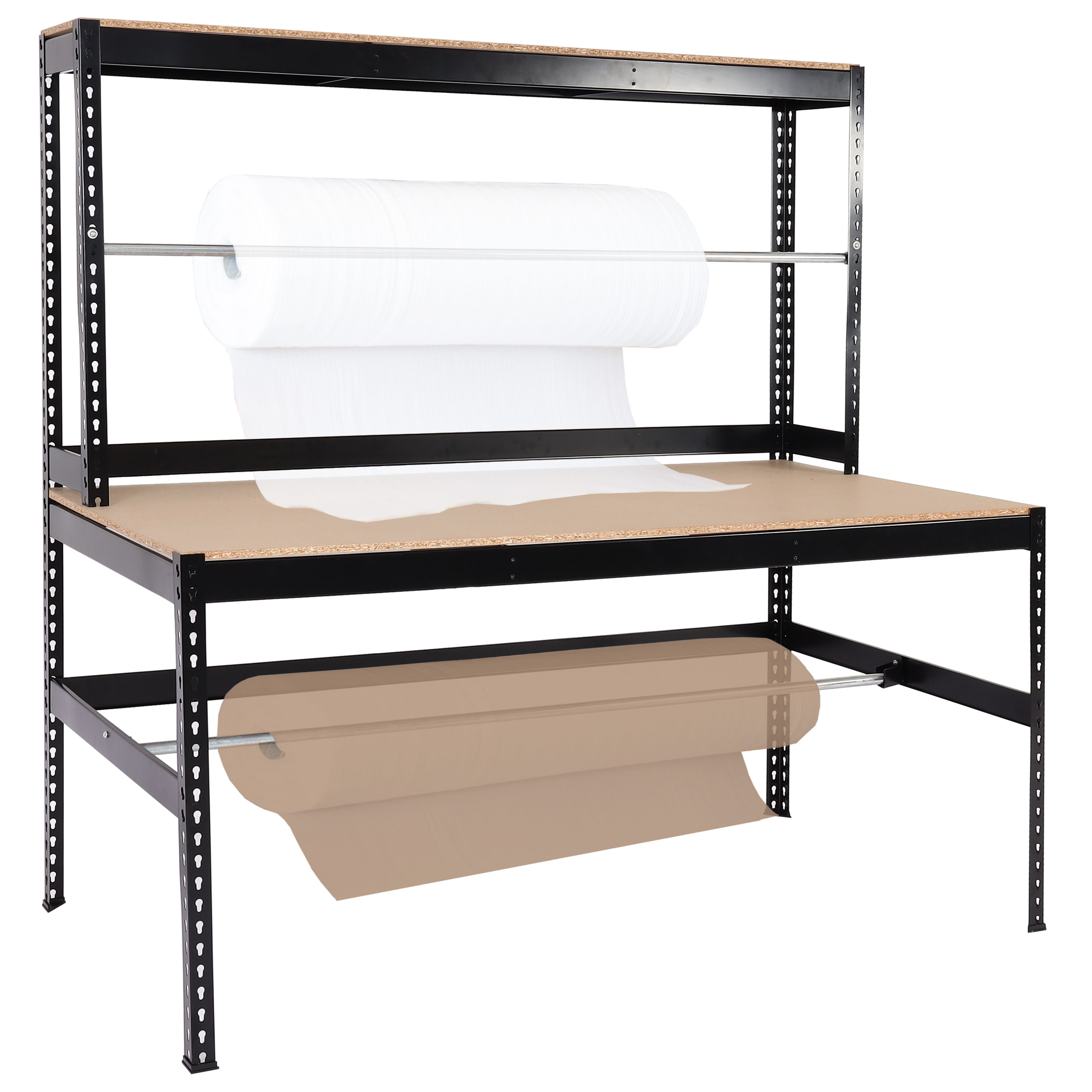 Packstation HWC-J84, Packtisch Arbeitstisch Werktisch, Rollenhalter höhenverstellbar, Holz Stahl 183x183x90cm, schwarz