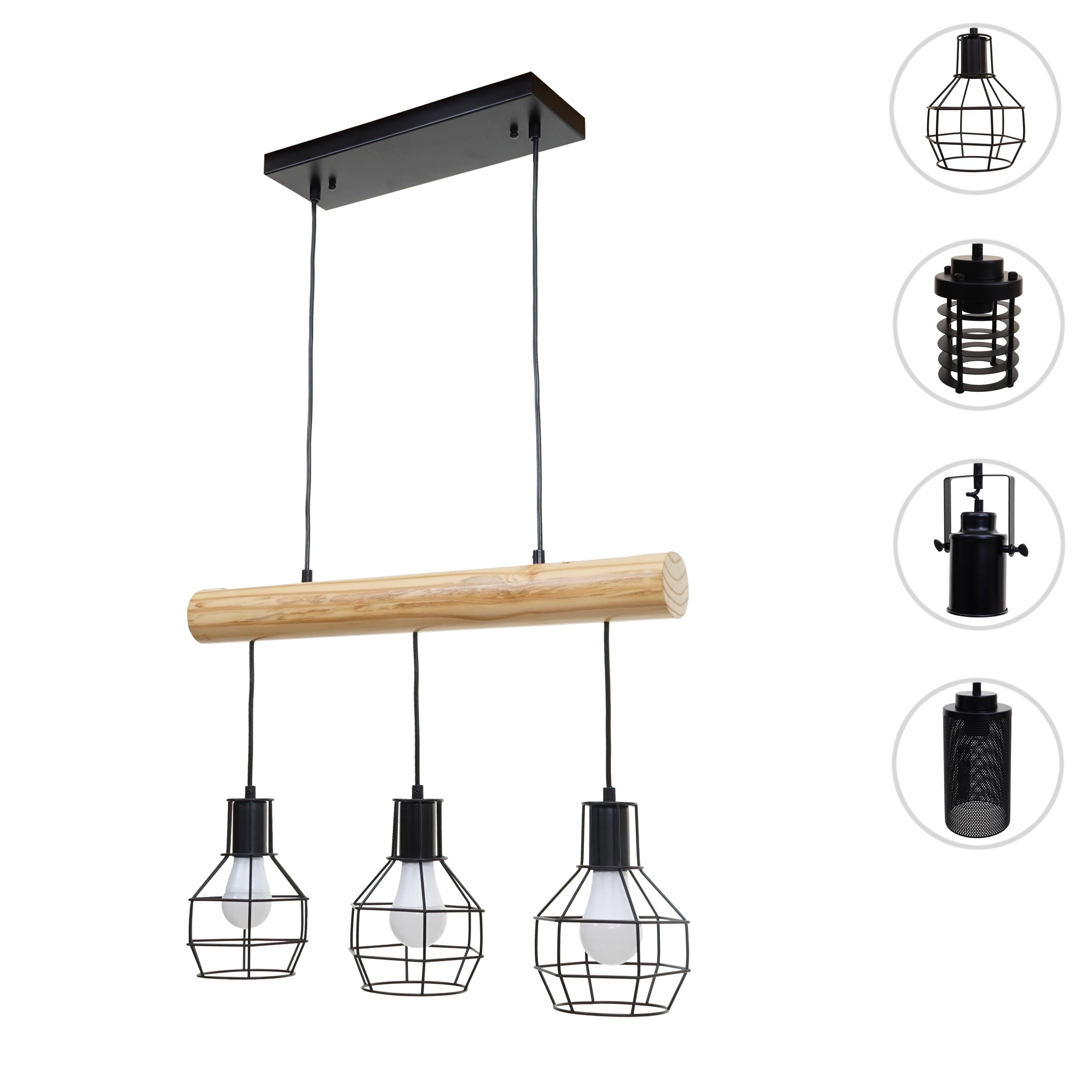 Pendelleuchte HWC-H83, Hängelampe Hängeleuchte, Industrial Vintage Massiv-Holz Metall schwarz ~ 3 Gitterlampenschirme Image