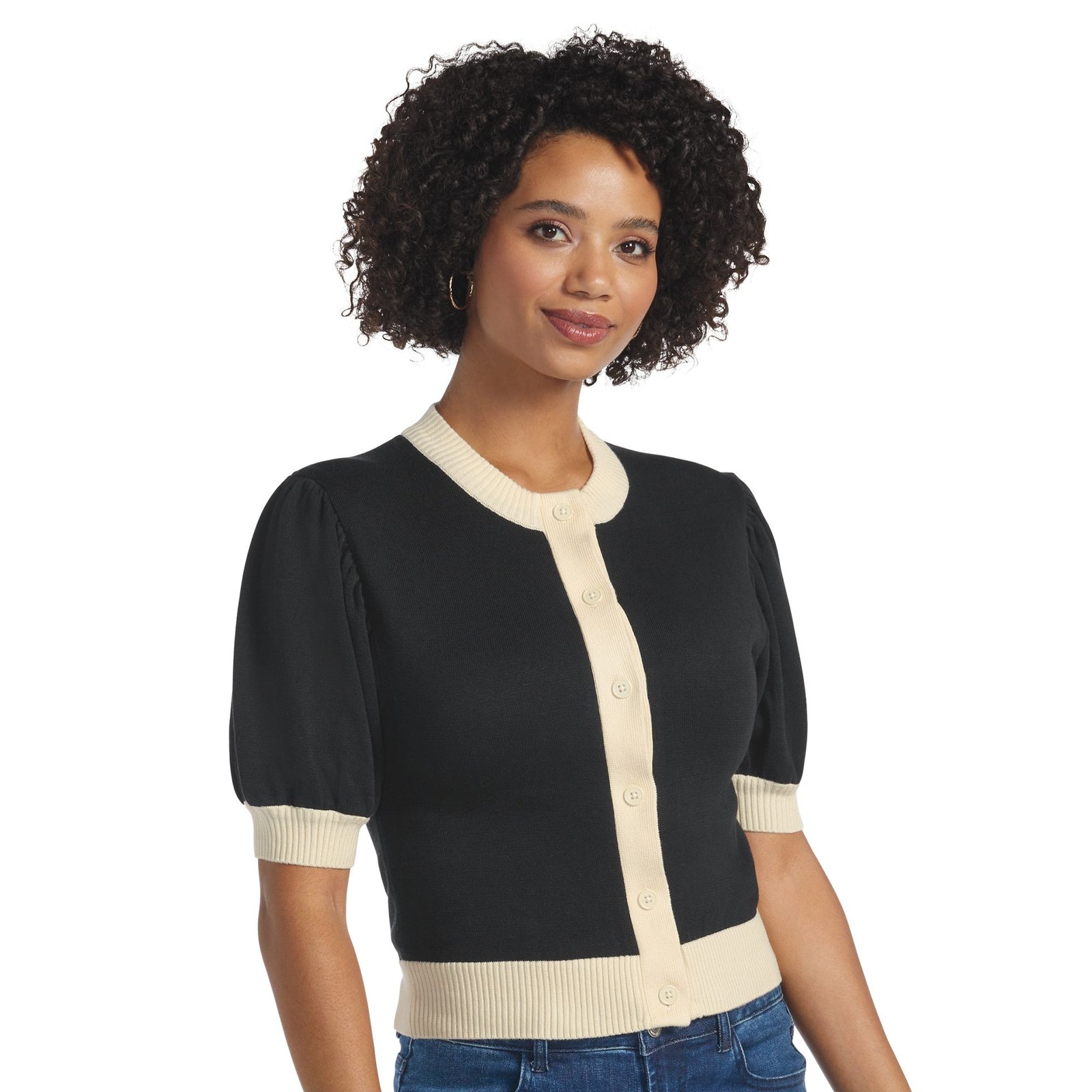 Masseys Puff Sleeve Sweater Cardigan (Size 3X) Black/Cream, Cotton