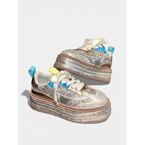 Glitzernde silberne Plateau-Sneaker für Damen – farbenfrohe Schnürschuhe mit Glitzer für Geburtstagsfeiern, Nachtleben und Freizeitveranstaltungen