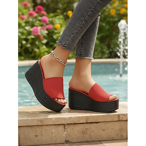 Rote Plateau-Keilsandalen für Damen – Obermaterial aus elastischem Strickgewebe, moderne, lässige Sandalen für Alltag, Reisen, Shopping, Strandurlaub und Sommerausflüge entspannte Zusammenkünfte Image