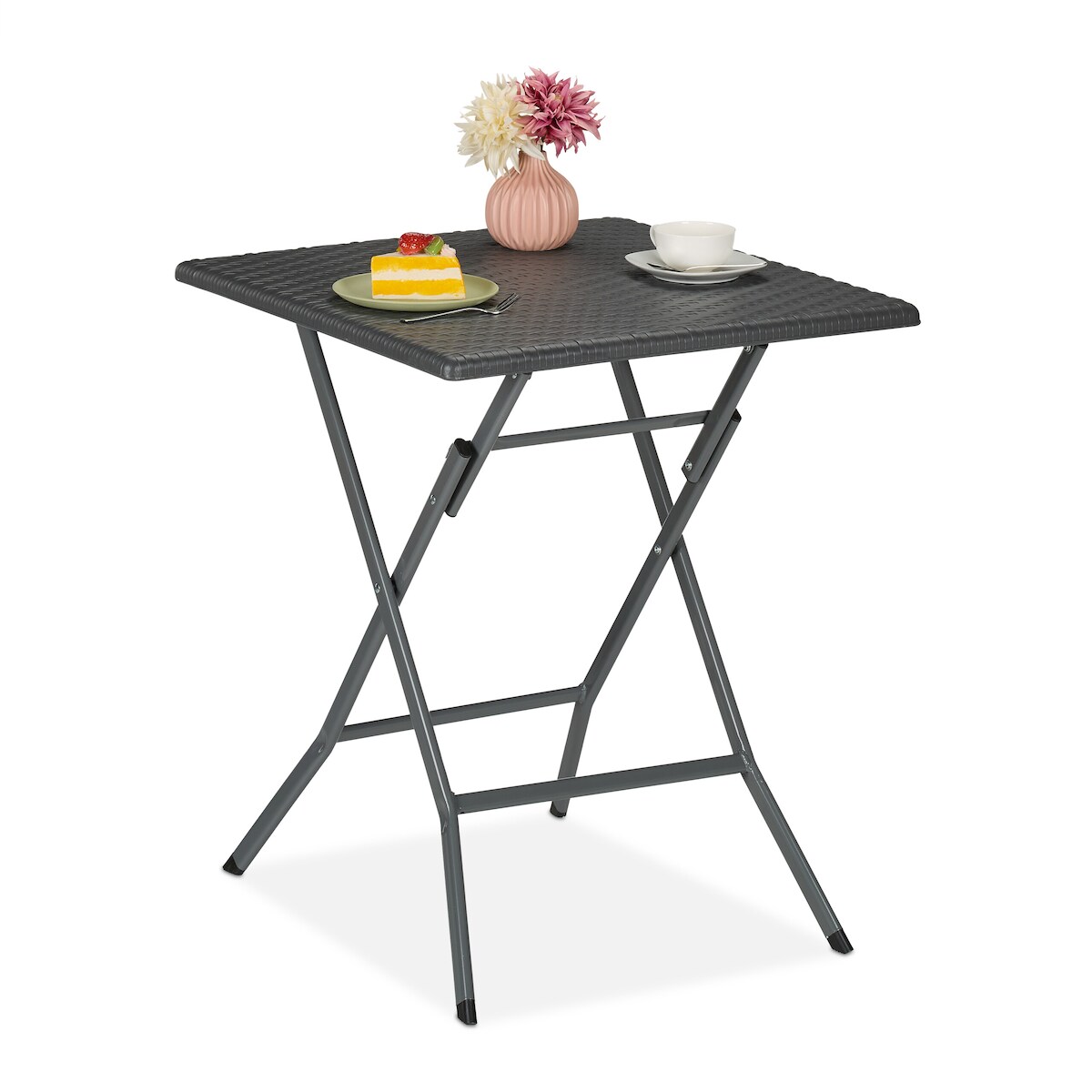 Relaxdays Gartentisch, klappbar, HxBxT: 73 x 62 x 62 cm, Rattanoptik, Kunststoff, Stahl, wetterfester Balkontisch, grau Image