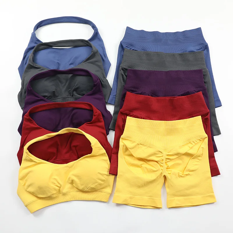 Ensemble de Yoga sans couture pour femmes, vêtements de Fitness, vêtements de sport d'été, froissé, short de gymnastique, col licou, soutien-gorge, combinaisons de sport 2 pièces