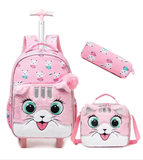 Valises de voyage pour filles, sac à dos roulant pour filles, sac à dos d'école à roulettes avec boîte à déjeuner, sac à dos d'école à roulettes