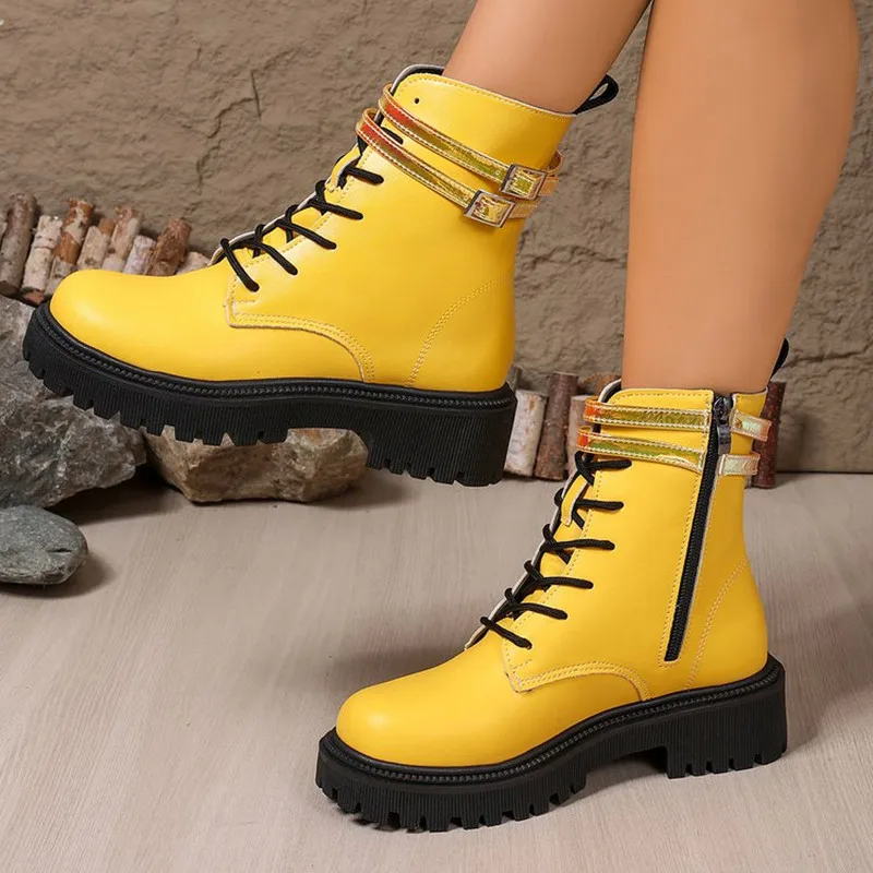 Designer-Damen-Stiefeletten zum Schnüren, Leder, Plateau-Motorradstiefel, dicke Absätze, Reißverschluss, kurze Stiefeletten, Schuhe mit quadratischem Absatz