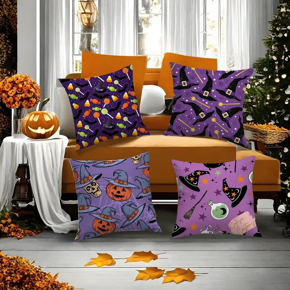 Halloween Hexenhut Totenkopf Kissenbezug Kurzer Plüsch Doppelseitiger Druck Quadratischer Dekokissenbezüge Sofa Home Kissen Dekor Image