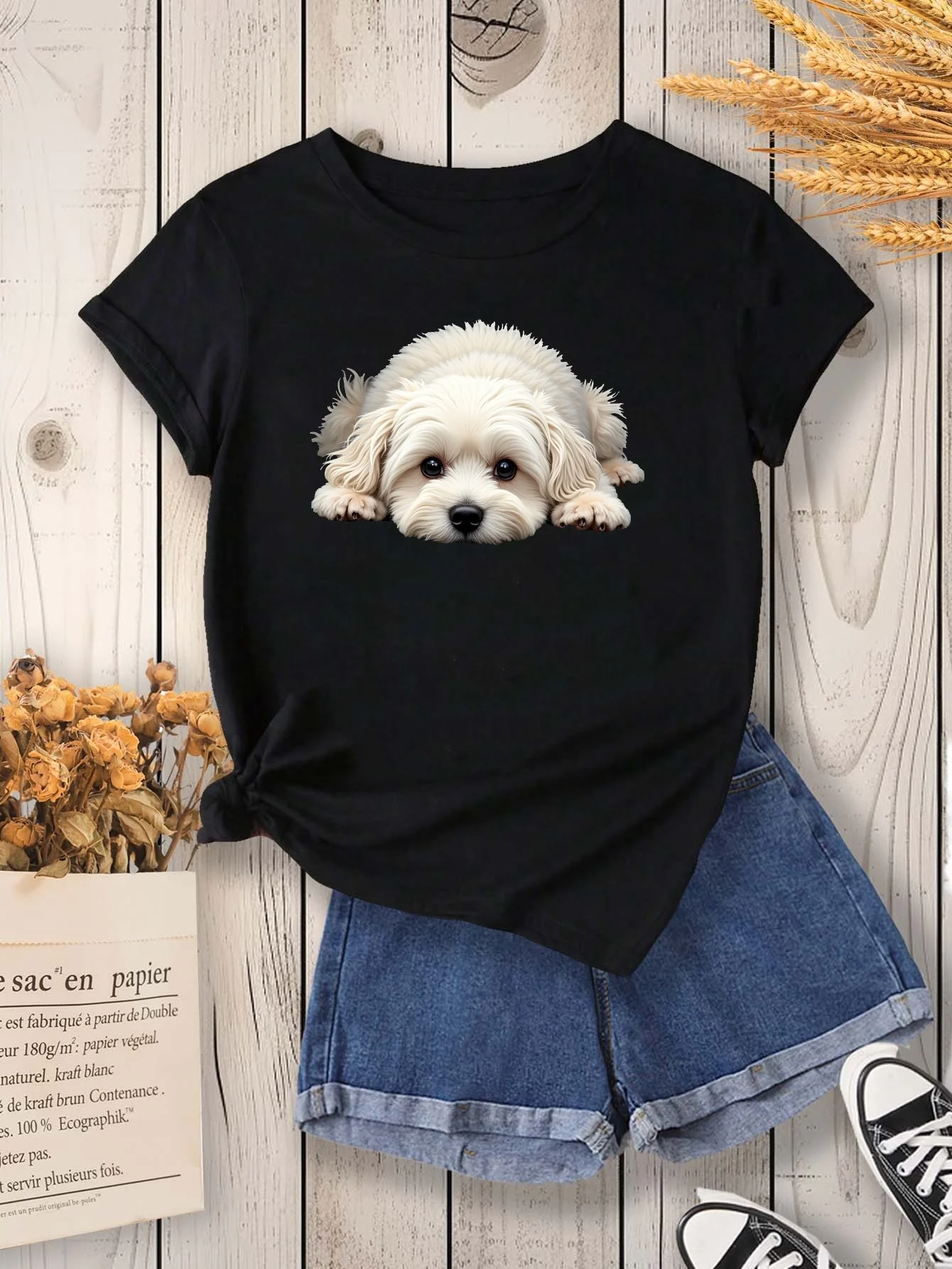 Damen-T-Shirt mit lässigen Ärmeln und Rundhalsausschnitt – süßer Malteser-Hunde-Aufdruck, lebendiges Grün, mittlerer Stretch, Damen-Harajuku-Ärmel, lässig Image