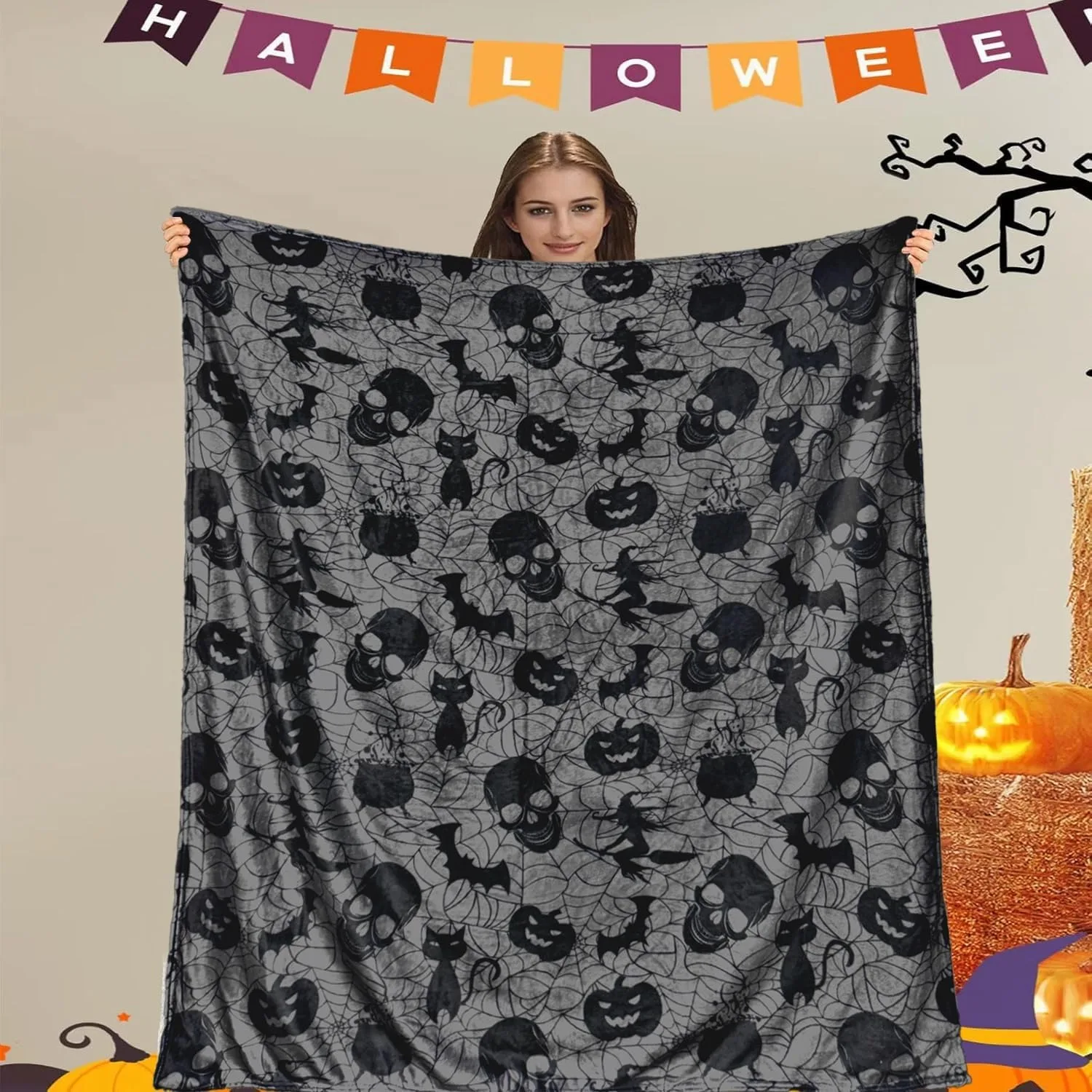 1PC Halloween Thema Decke Skelett Schädel Fledermäuse Schwarze Katze Dünne Decke Geschenke für Couch Bett Auto Hause Camping alle saison verwenden Image