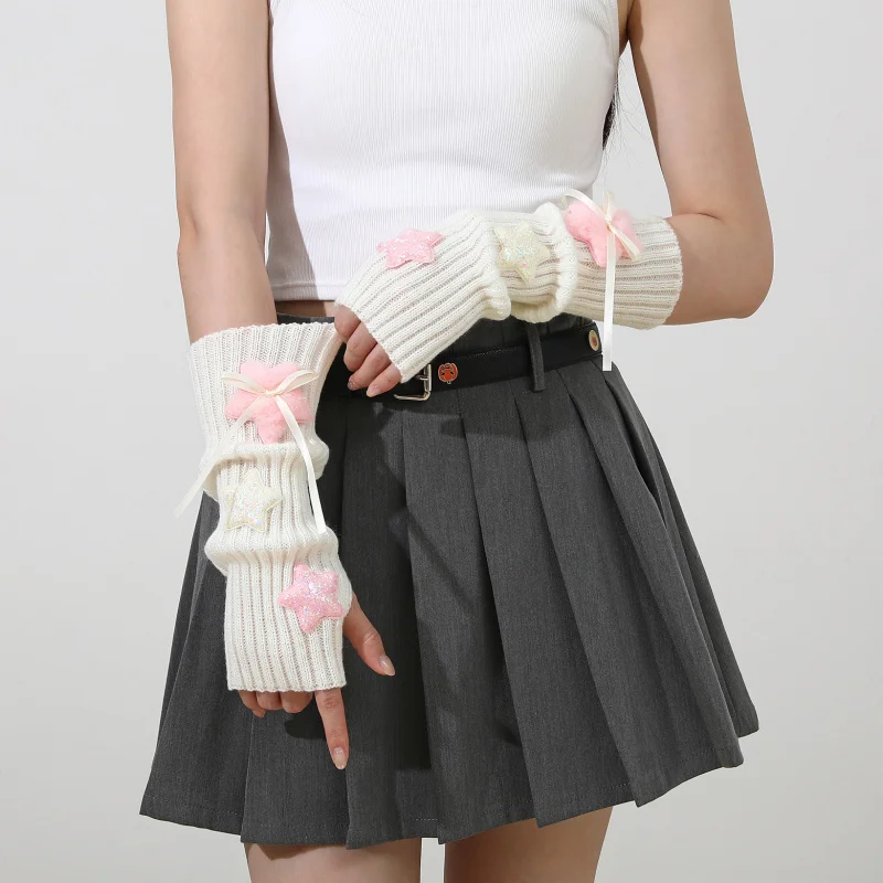 Plüsch-Stern-Armstulpen für Damen, Herbst und Winter, College-Stil, 2 kStacked, fingerlos, gestrickt, warm, gefälschte Ärmel Image