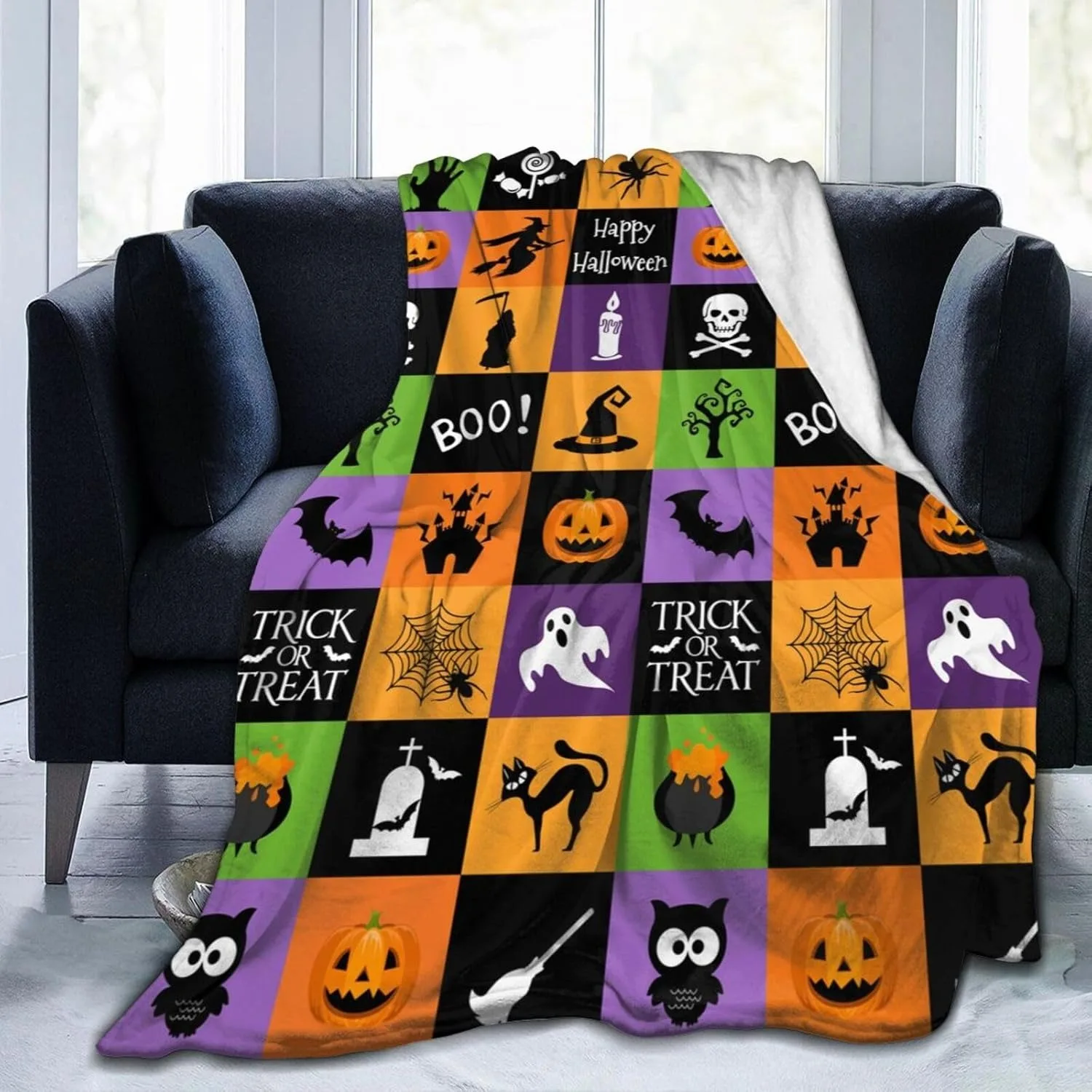 1 Stück Halloween-Katzen-Druckdecke, Flanell-Überwurf für Bett, Sofa, Reisen, Camping, superweiche, gemütliche Decke, Festival-Dekoration für alle Jahreszeiten Image