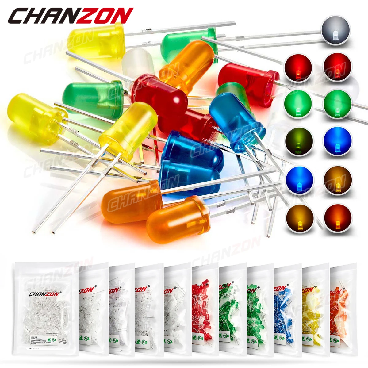 5 mm diffuses LED-Dioden-Set, Lampe, Leuchtdiode, Glühbirnenanzeige, 5 mm, Weiß, Rot, Blau, Grün, Orange, Gelb, 3 V, DIY-Set, sortiert Image