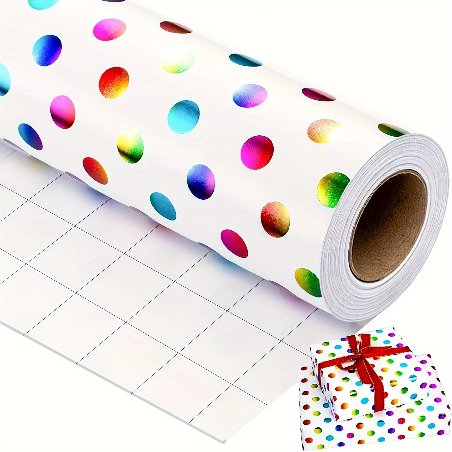 1 Rolle Regenbogen-Geschenkpapier mit Punkten, lebendiges mehrfarbiges Mini-Partyzubehör für Geburtstage, Feiertage und Feiern, Weihnachten Image