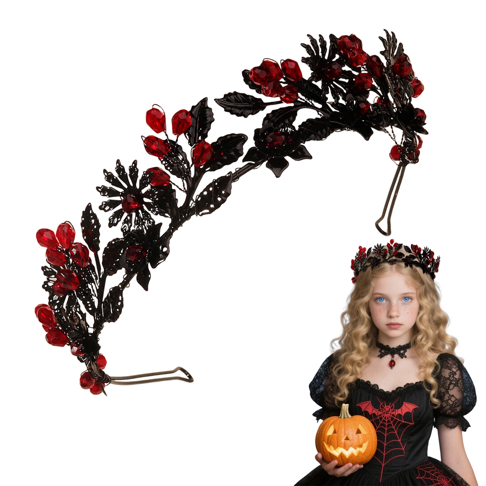 Halloween Damen Retro Kristall Gothic Stirnbänder Dunkler Stil Anti Slip Schwarz/Rot Kristall Haarreifen Kostüm Party Haarschmuck