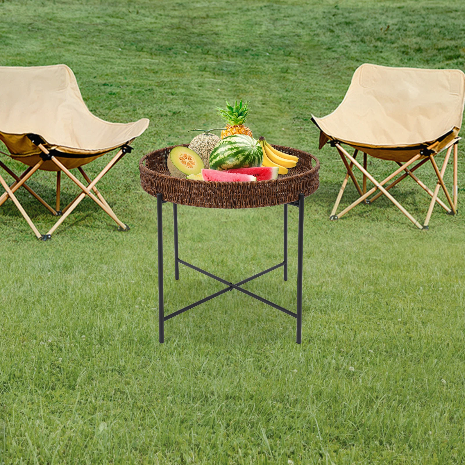 Klappbarer geflochtener runder Beistelltisch, Outdoor-Picknicktisch für Gartencamping, Couchtisch mit abnehmbarem Tablett