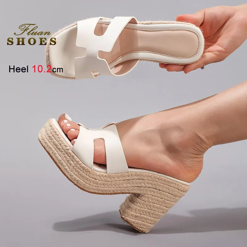 Weiß Dicken Sohlen Frauen Hausschuhe Hanf Seil Gewebt Super High Heels Sandalen Sommer Mode Grob Ferse Hausschuhe Dame Casual Schuhe Image