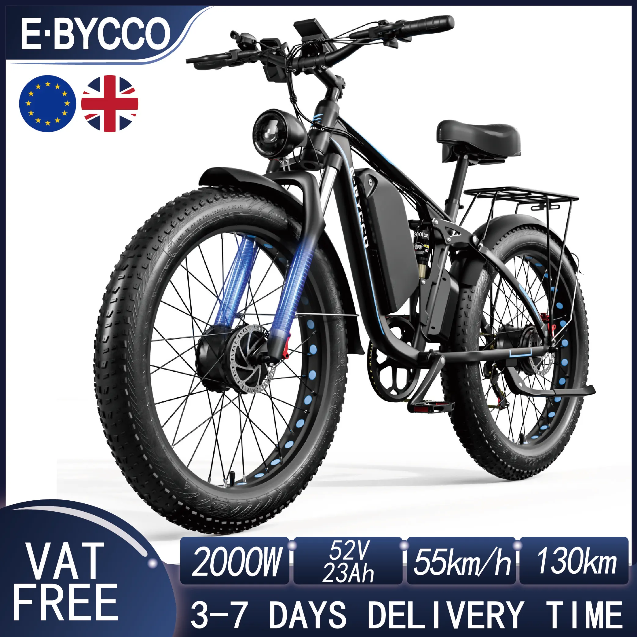 E-BYCCO EB7 PRO E-Bike 2000W Doppelmotor 52V23AH Elektrofahrrad für Erwachsene, City-E-Bike mit hydraulischen Bremsen, 26*4,0 Zoll Reifen, Mountain-E-Bike Image