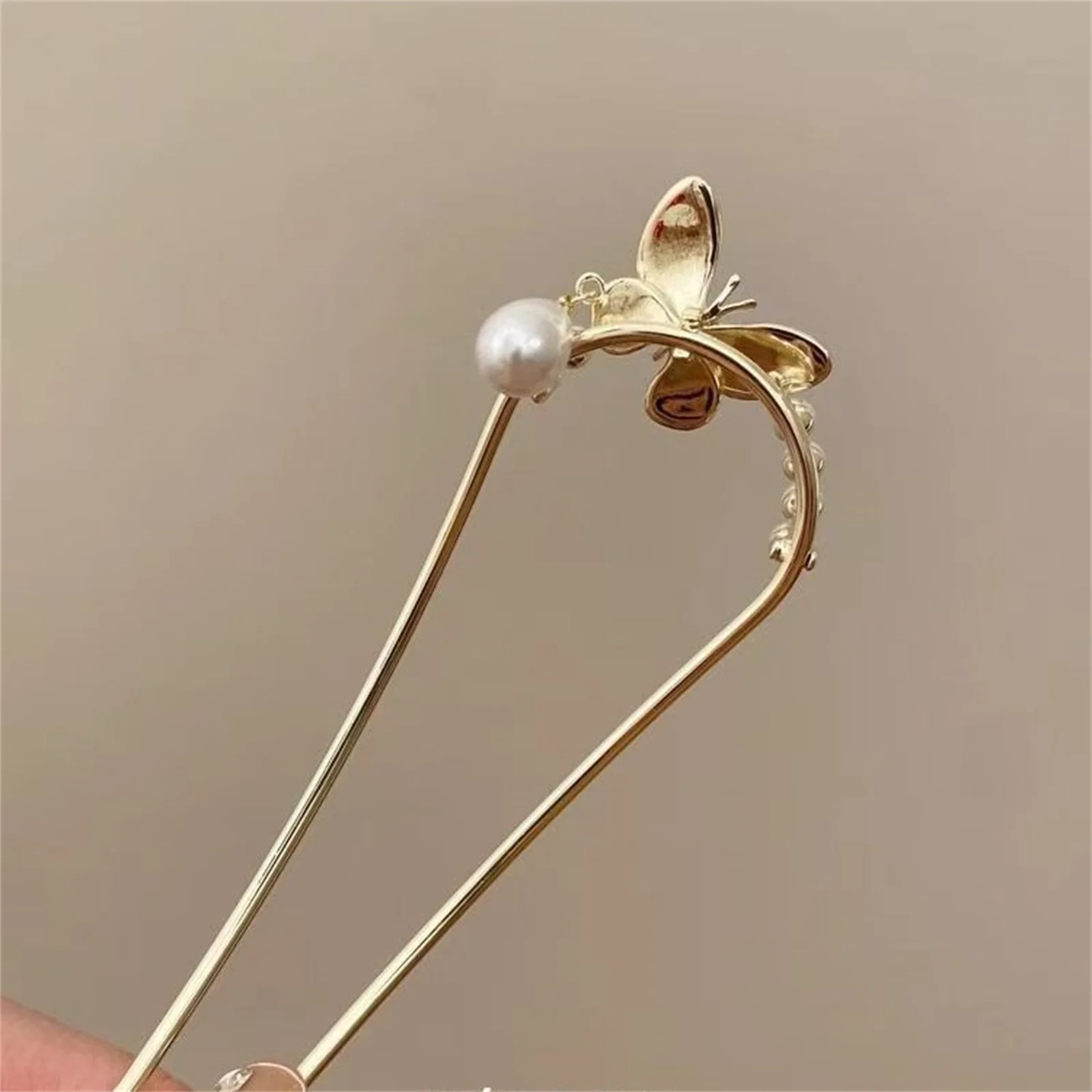 Einfache U-förmige Metalllegierung Haarnadeln Perlenanhänger Schmetterling Tropf glasierte Hait Gabel eleganter chinesischer Stil Hanfu Haarschmuck Image