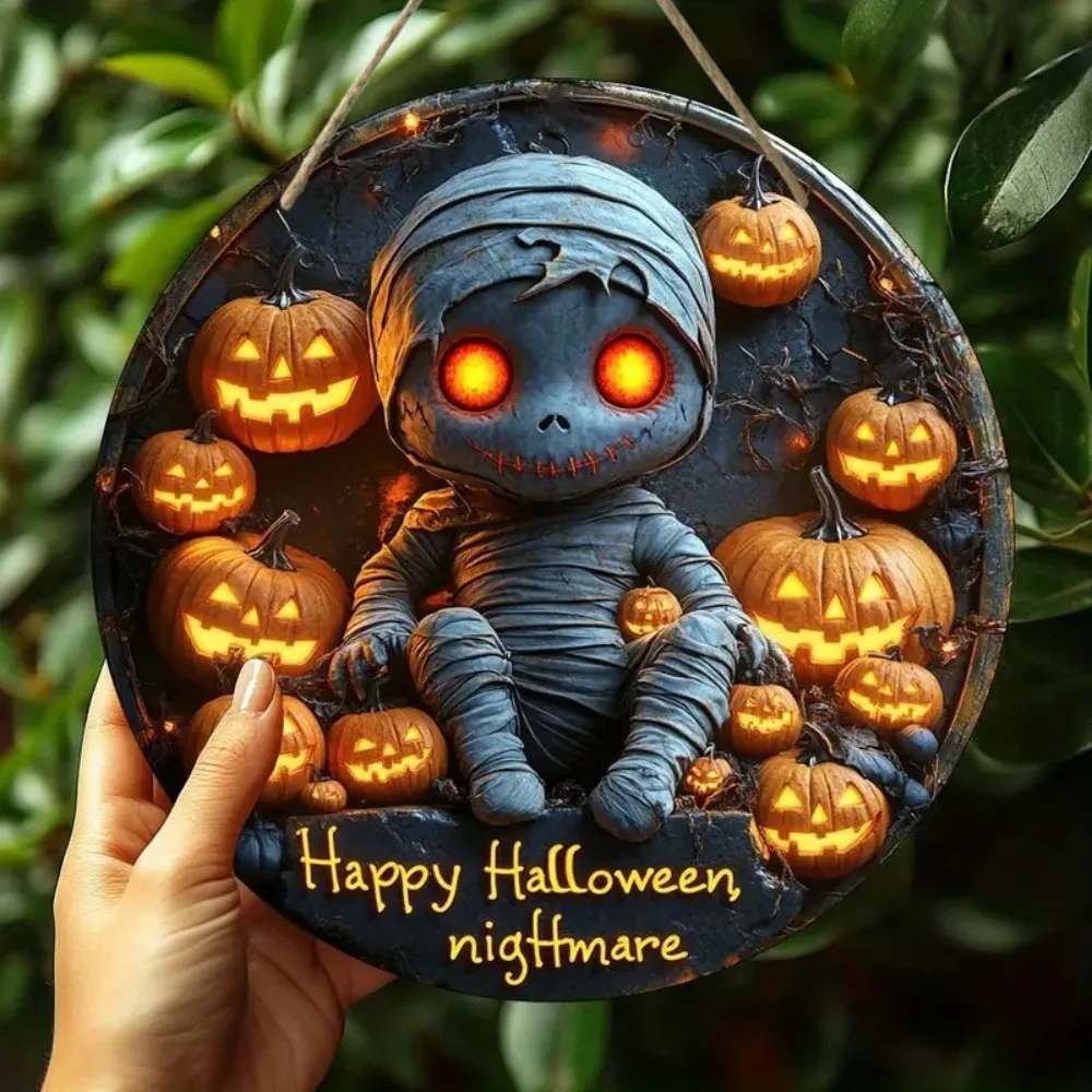 2D schreckliches kreisförmiges Halloween-Zombie-Holzschild, geeignet für Zuhause, Spukhaus, Büro, Café, Garage, Bar-Dekoration Image