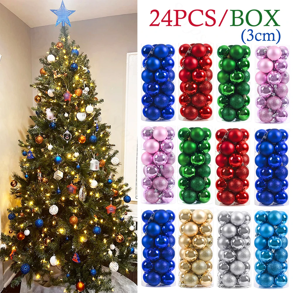 24 Stück 3 cm Weihnachtskugel-Ornamente, Rot, Blau, Rosa, Glitzer, Gold, Weihnachtskugel-Anhänger, Weihnachtsbaum, hängende Dekoration, 2026 Neujahr Image