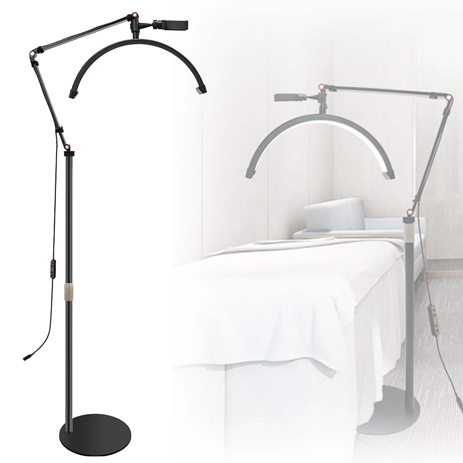 OWJHE 20W LED-Bodenleuchte, halbmondförmiges Videolicht, 3000K-6000K dimmbar mit verstellbarem Metall-Lichtstativ und Handyhalterung