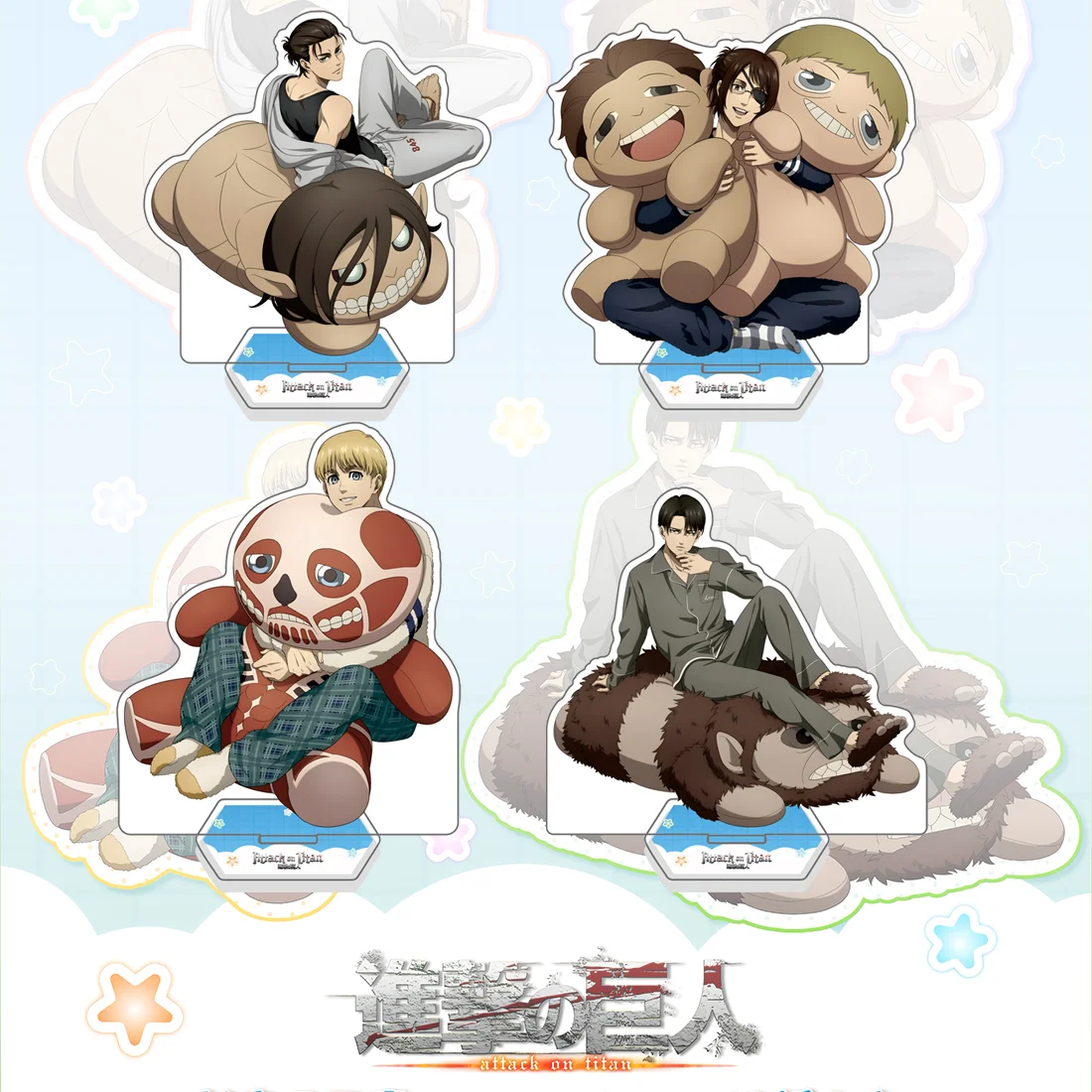 Attack on Titan Pyjama Hug Pillow Style Acryl Standee 15cm – Eren, Levi, Armin, Hange Zoe Süßes Schlafzimmerthema Anime Schreibtischgeschenk Image